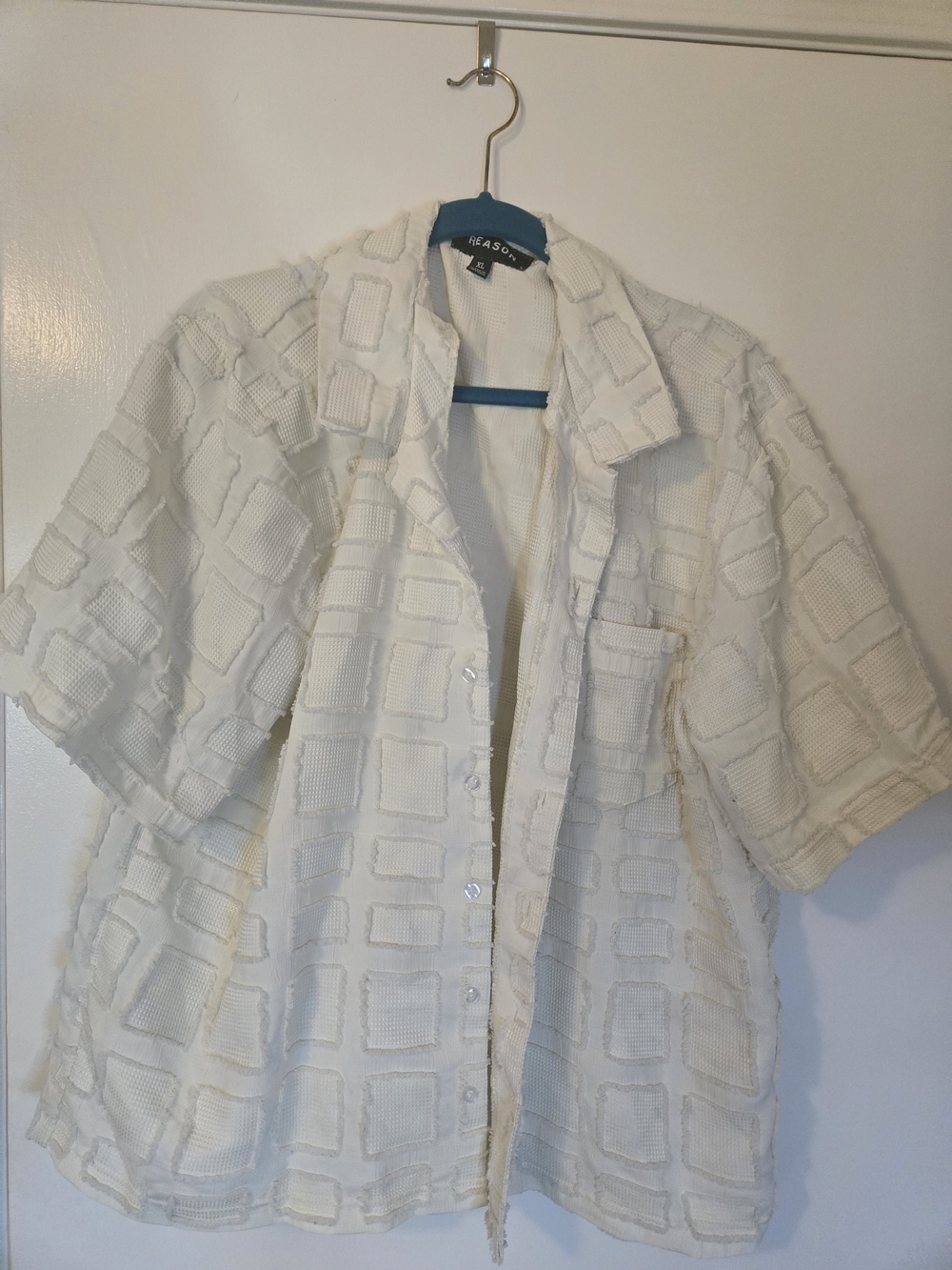 Reason White Textured Square-Pattern Short Sleeve Shirt